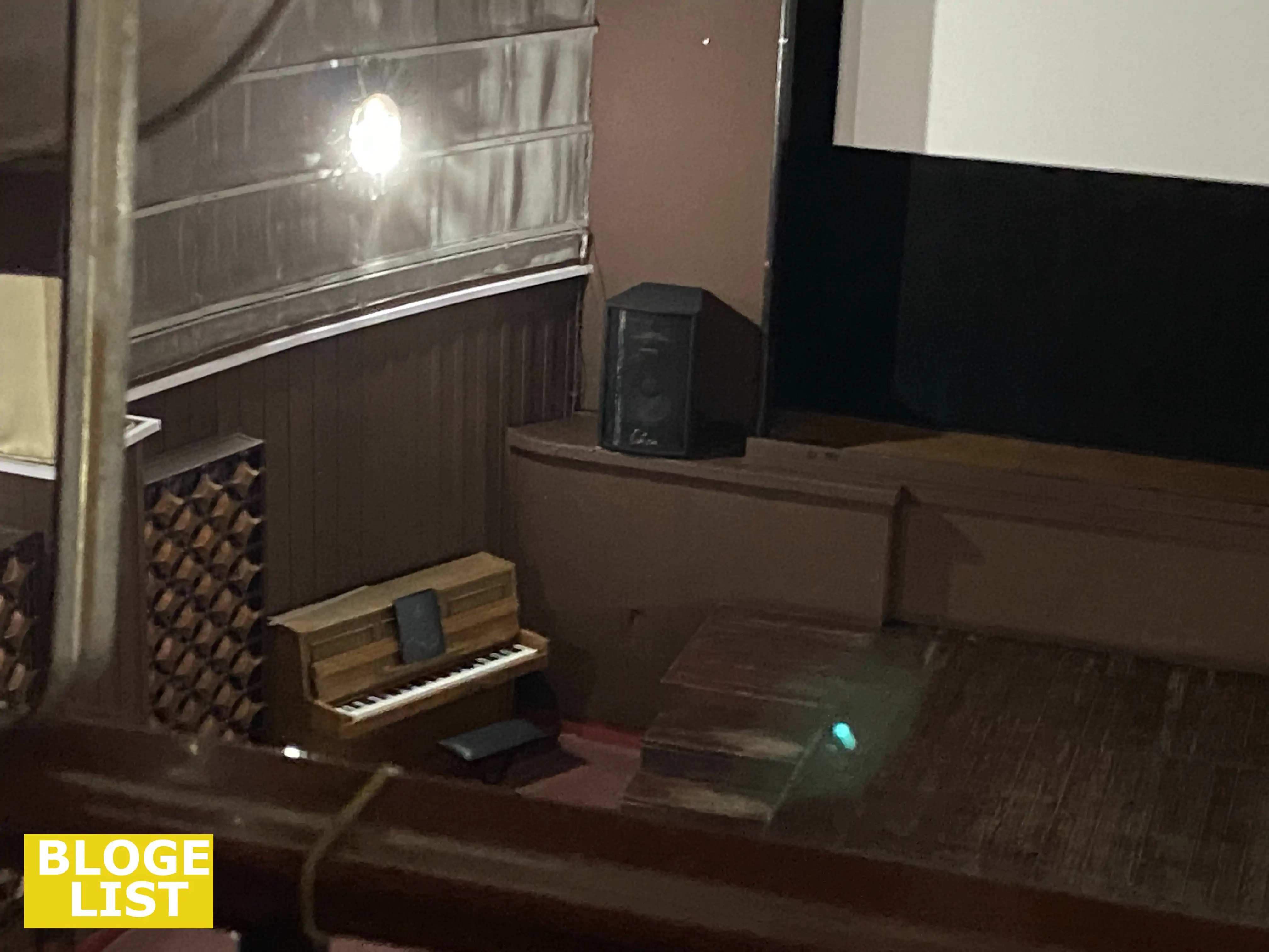 View from the balcony of the acoustic piano prepared for recording.